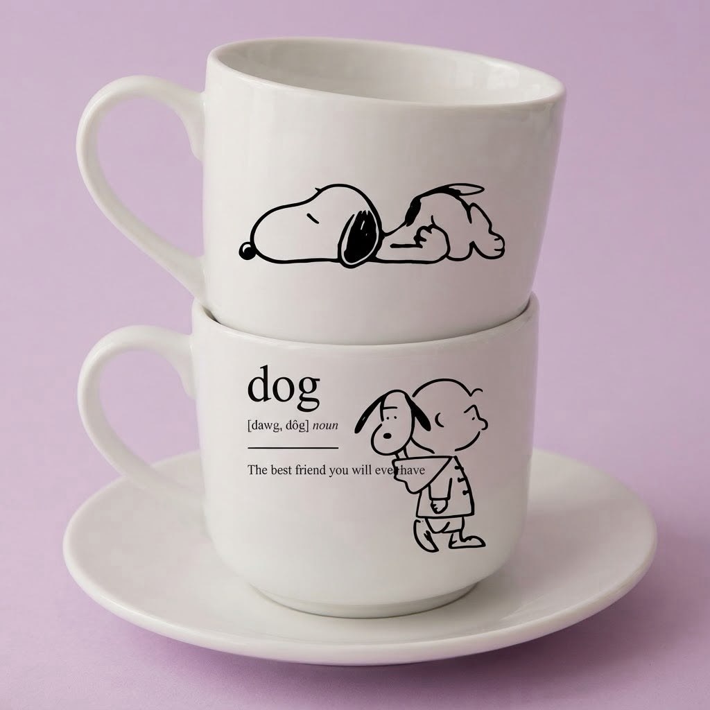 Dve bele šolje sa crtežom Snoopy-ja i natpisom dog